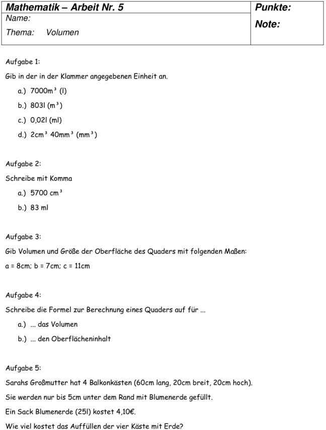 Klassenarbeit Zu Umfang- Volumen- Und Flächenberechnung