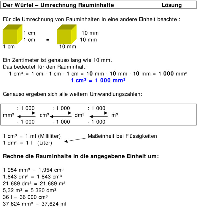 Übungsblatt zu Umfang Volumen und Flächenberechnung