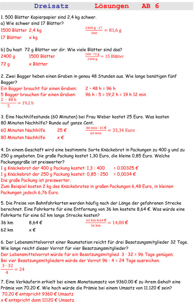 Übungsblatt zu Dreisatz