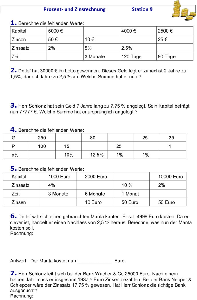 Übungsblatt zu Zinsrechnung