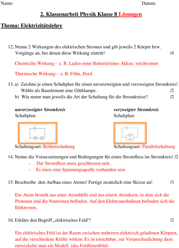 Klassenarbeit zu Elektrizitätslehre 8 Klasse