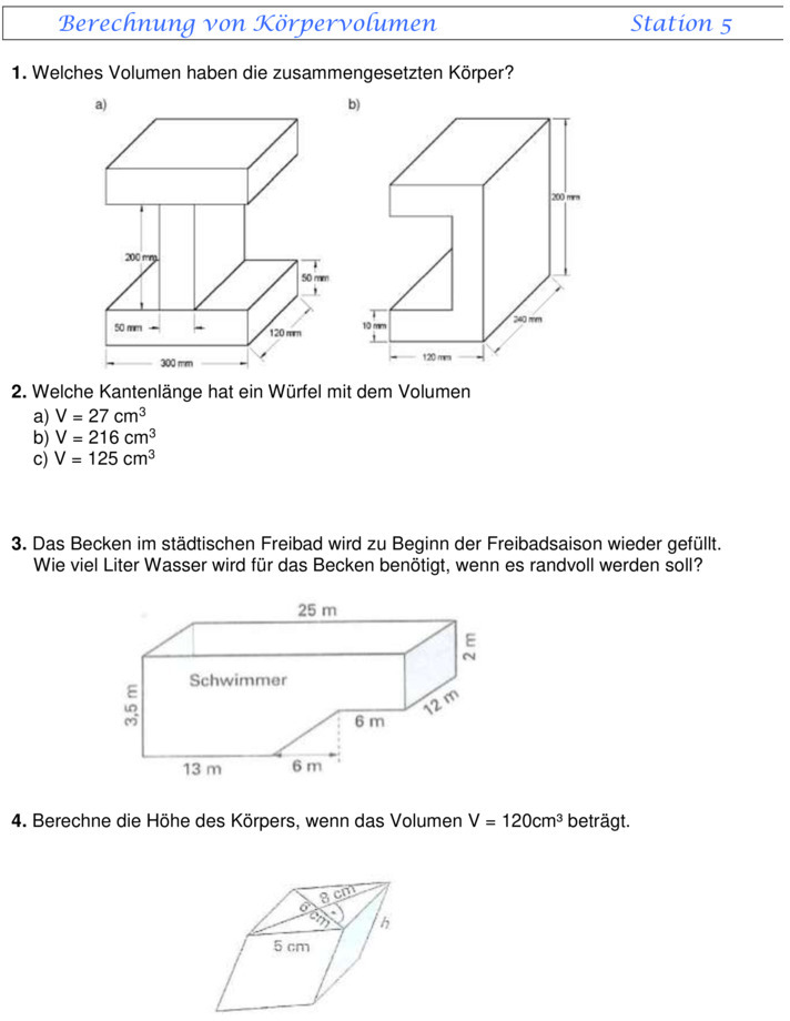 Bungsblatt Zu Fl Chen Und Volumen Klasse