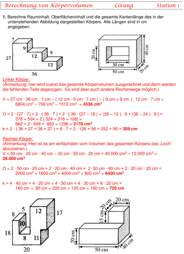 Übungsblatt zu Flächen und Volumen 8 Klasse