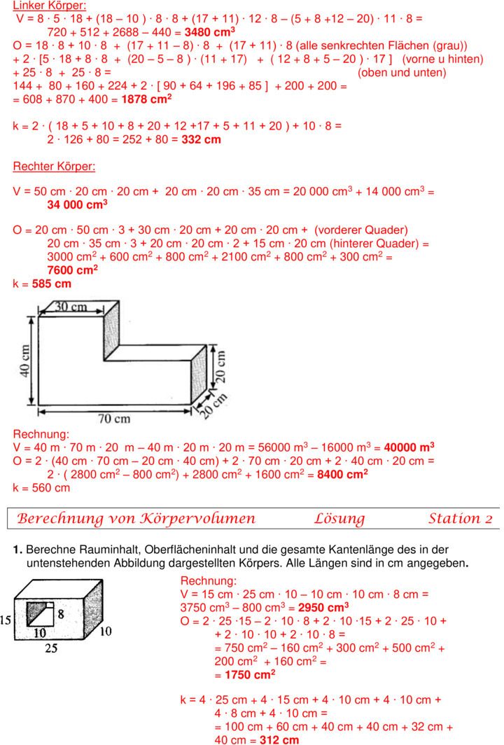 Übungsblatt zu Flächen und Volumen 8 Klasse