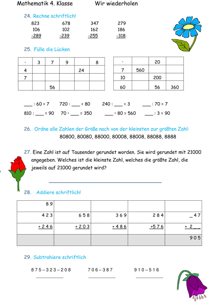 Übungsblatt zu 1. Halbjahr gemischt [Mathe 4. Klasse]