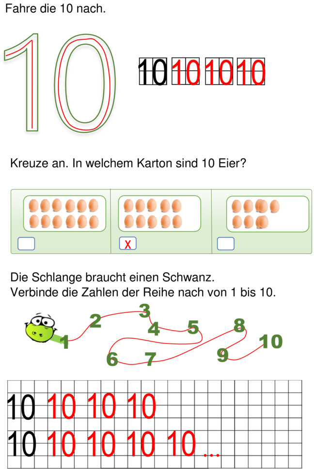 Übungsblatt zu Zahlen von 1 bis 10 (einzeln)