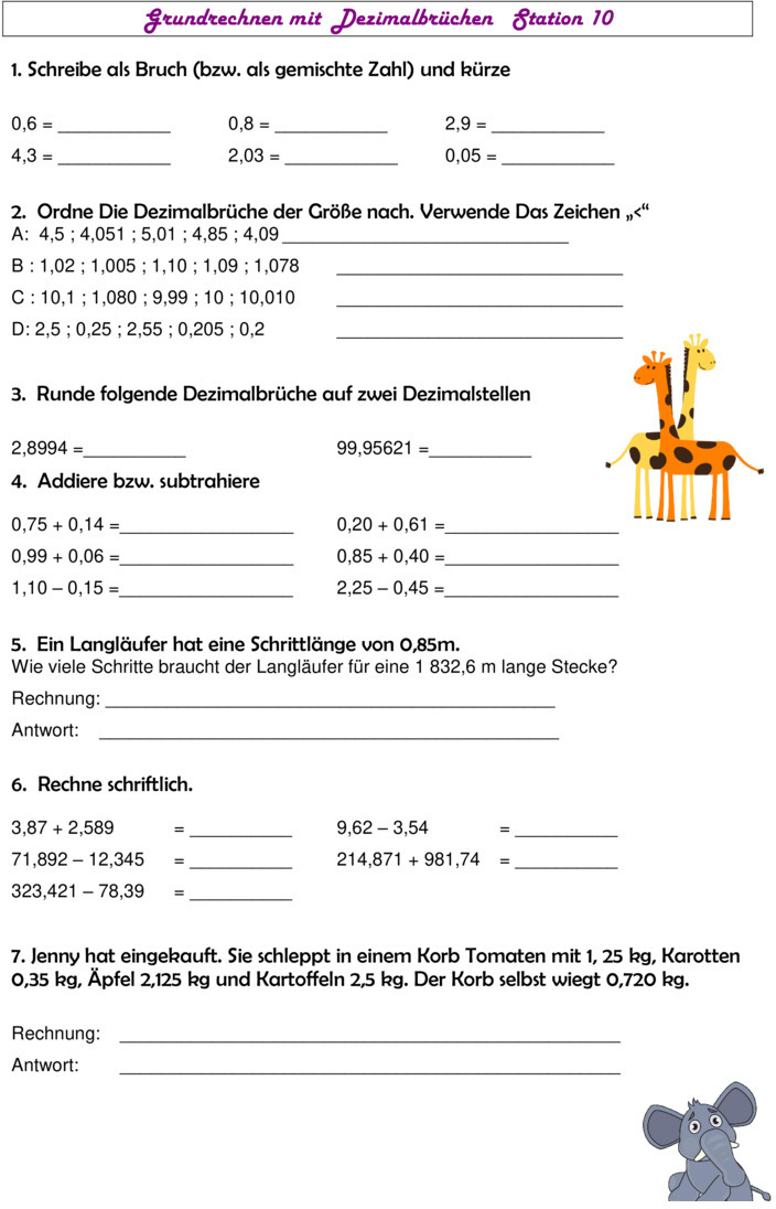 Übungsblatt Zu Dezimalzahlen