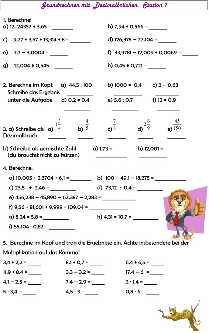 Übungsblatt Zu Dezimalzahlen