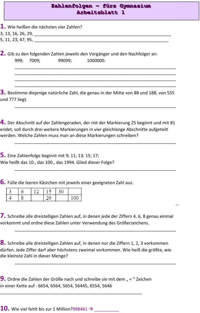 Übungsblatt Zu Natürliche Zahlen