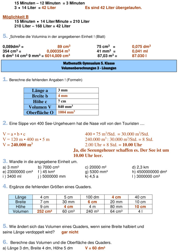 Übungsblatt Zu Umfang- Volumen- Und Flächenberechnung