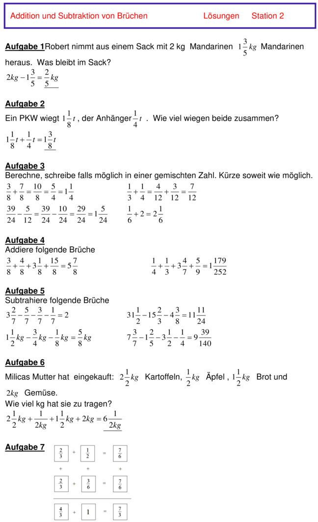Übungsblatt zu Bruchrechnen