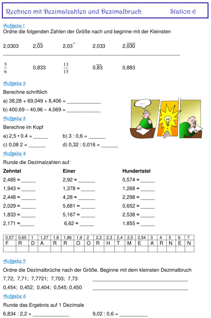 Übungsblatt Zu Dezimalzahlen