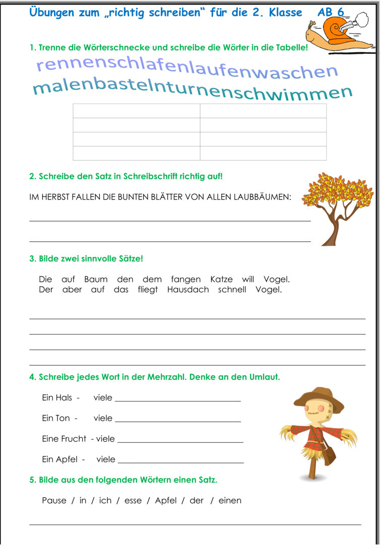 Übungsblatt zu Rechtschreibung 2. Klasse