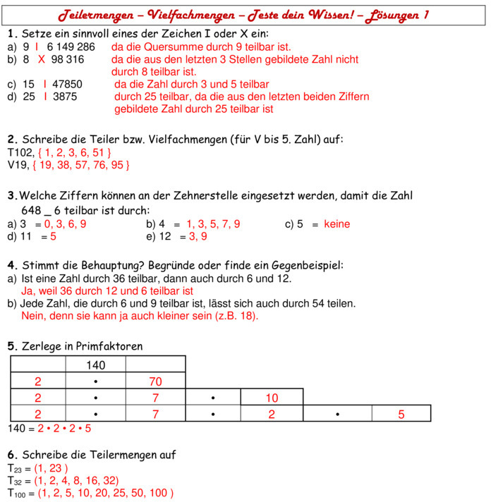 Übungsblatt Zu Teiler Und Vielfache