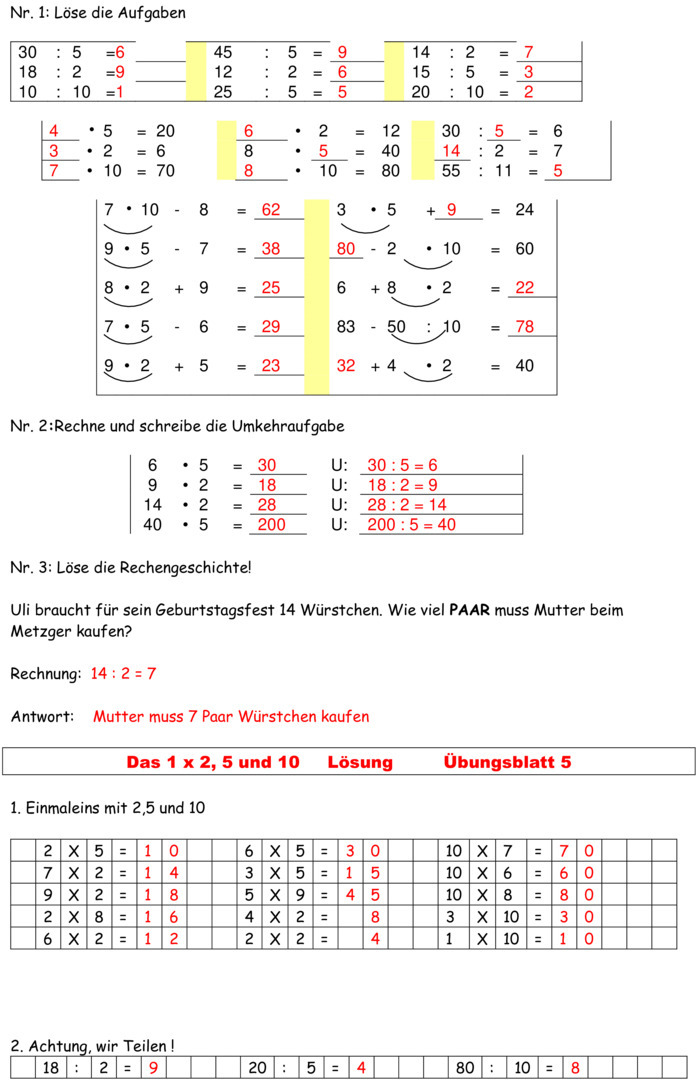 Übungsblatt Zu Einmaleinsreihen