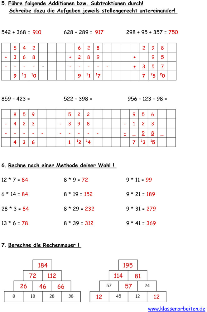 Klassenarbeit Zu Multiplikation Und Division Mit Großen Zahlen