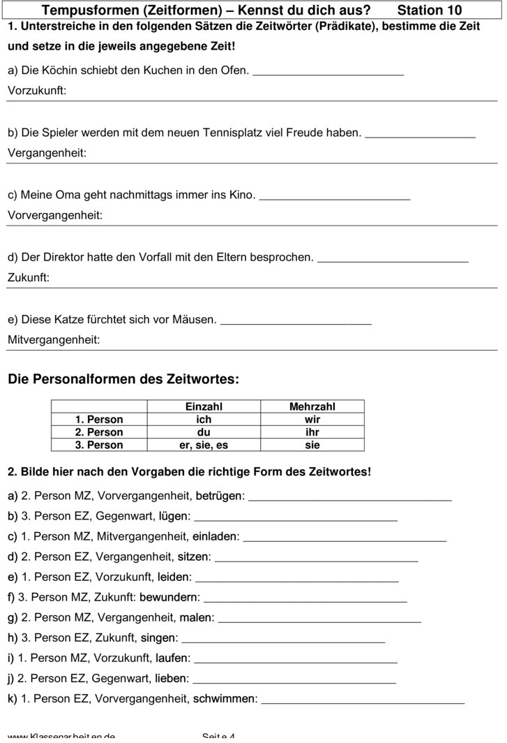 Übungsblatt Zu Zeitformen