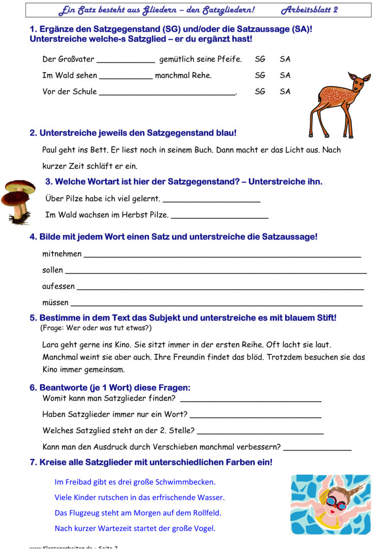 Übungsblatt zu Satzglieder [3. Klasse]