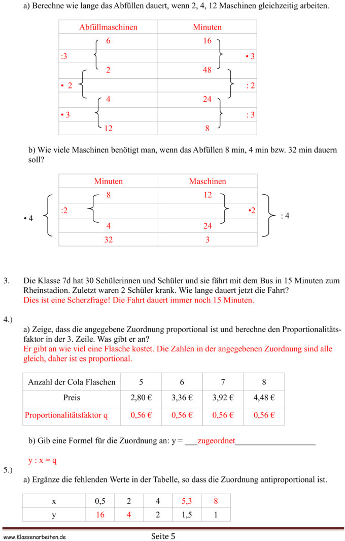 Klassenarbeit Zu Proportionale Zuordnungen [klasse 7]