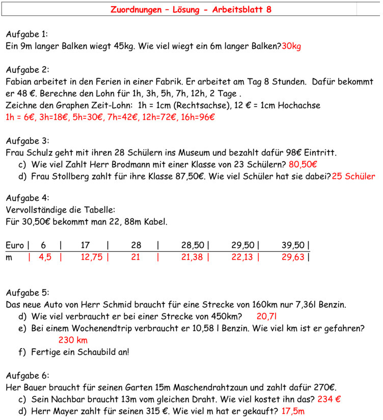 Übungsblatt Zu Proportionale Zuordnungen [Klasse 7]