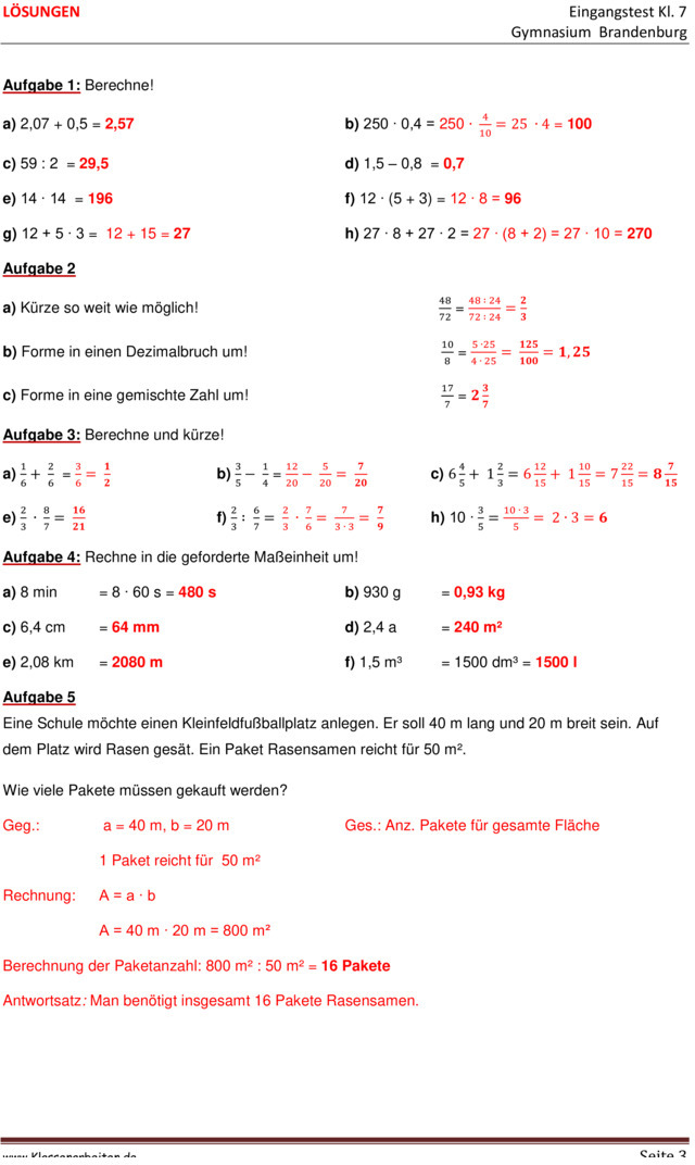 Klassenarbeit Zu Schuljahresbeginn [Mathe 7. Klasse]