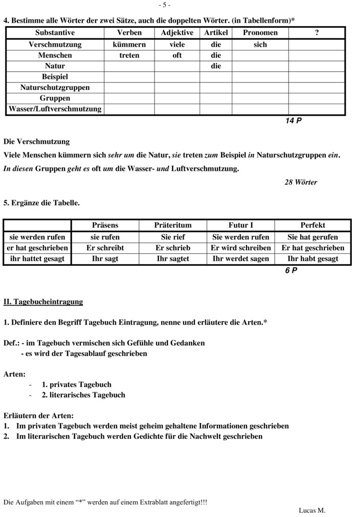 Klassenarbeit Zu Wortarten