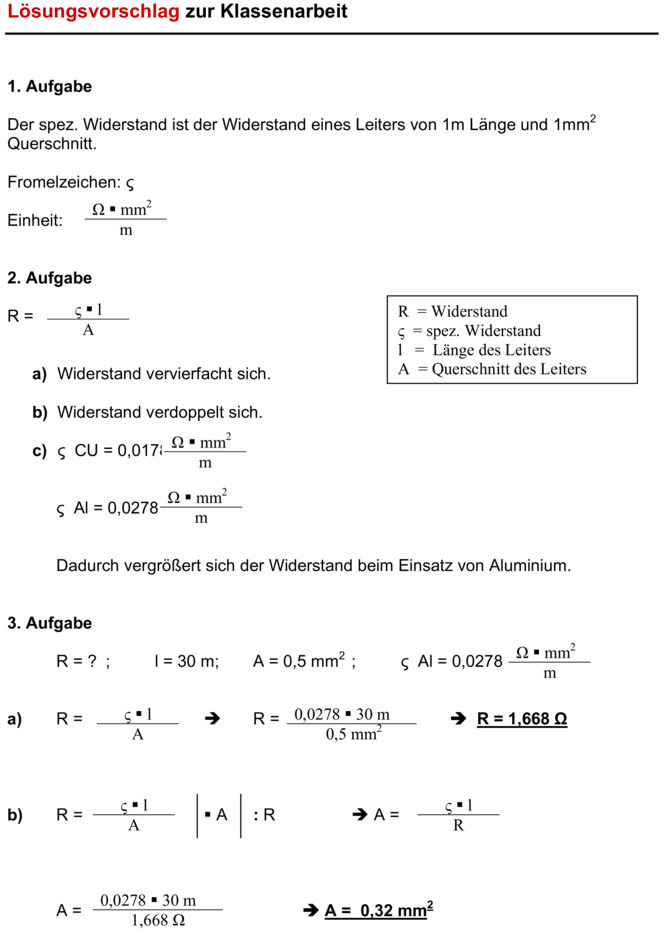 Klassenarbeit zu Elektrizitätslehre 8. Klasse