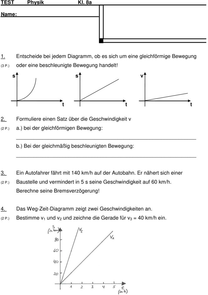 Klassenarbeit zu Bewegungen Physik 8. Klasse