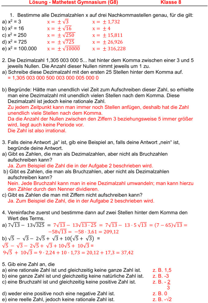 Klassenarbeit Zu Schuljahresbeginn [mathe 8 Klasse]