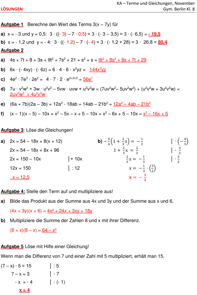 Klassenarbeit Zu Terme Und Gleichungen [8. Klasse]