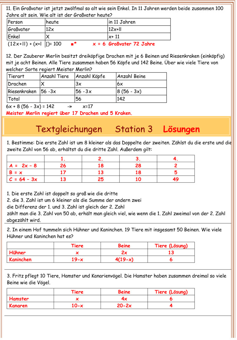 Übungsblatt zu Terme und Gleichungen 8. Klasse