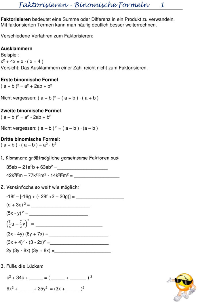 Übungsblatt Zu Binomische Formeln