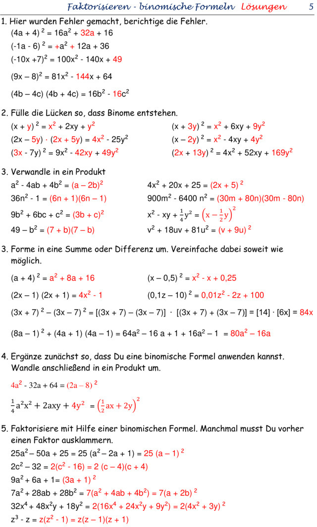 Übungsblatt Zu Binomische Formeln