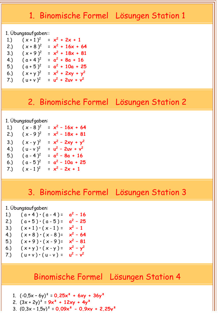 Übungsblatt Zu Binomische Formeln