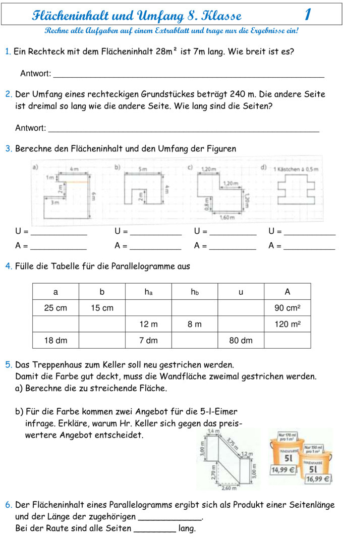 Übungsblatt zu Flächen und Volumen [8. Klasse]