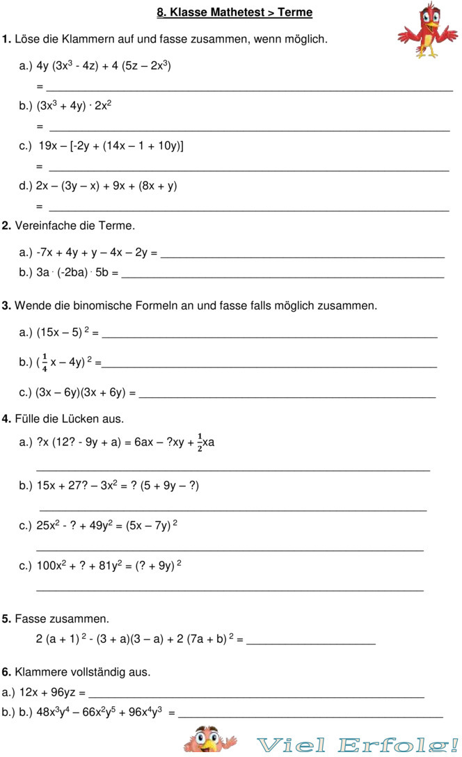 Klassenarbeit Zu Terme Und Gleichungen [8. Klasse]