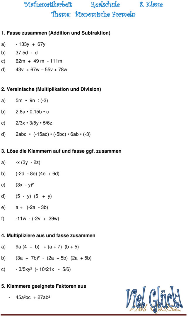 Klassenarbeit Zu Binomische Formeln