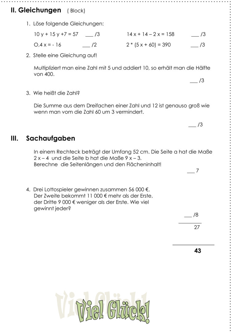 Klassenarbeit Zu Schuljahresbeginn [mathe 8 Klasse]