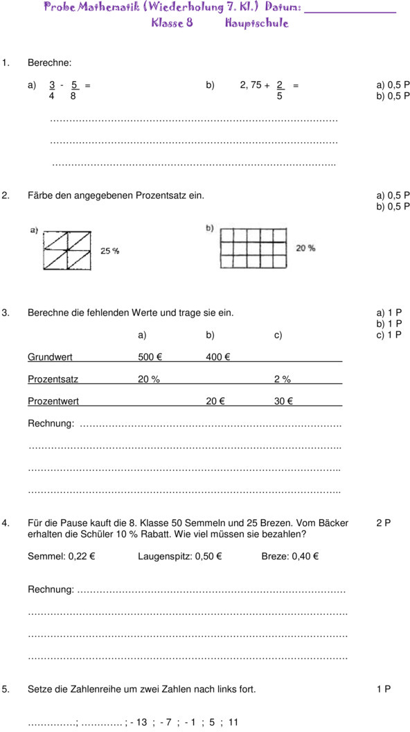 Klassenarbeit zu Schuljahresbeginn Mathe 8. Klasse