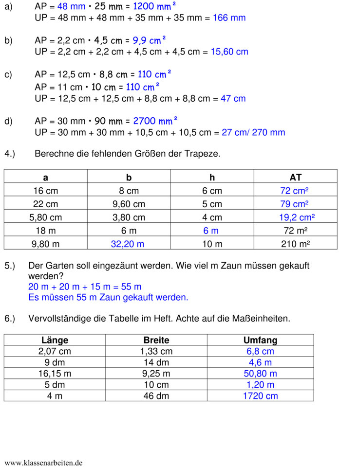 Klassenarbeit zu FlÃ¤chen und Volumen 8. Klasse