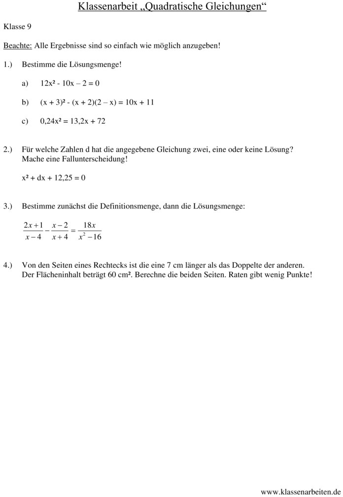 Klassenarbeit Zu Quadratische Gleichungen