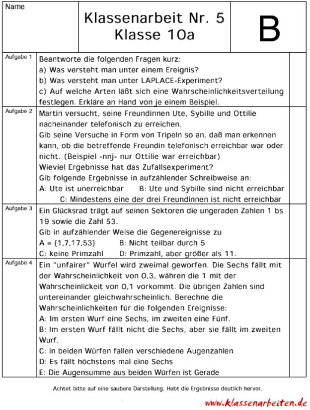 Klassenarbeit Zu Wahrscheinlichkeitsrechnung [10 Klasse]