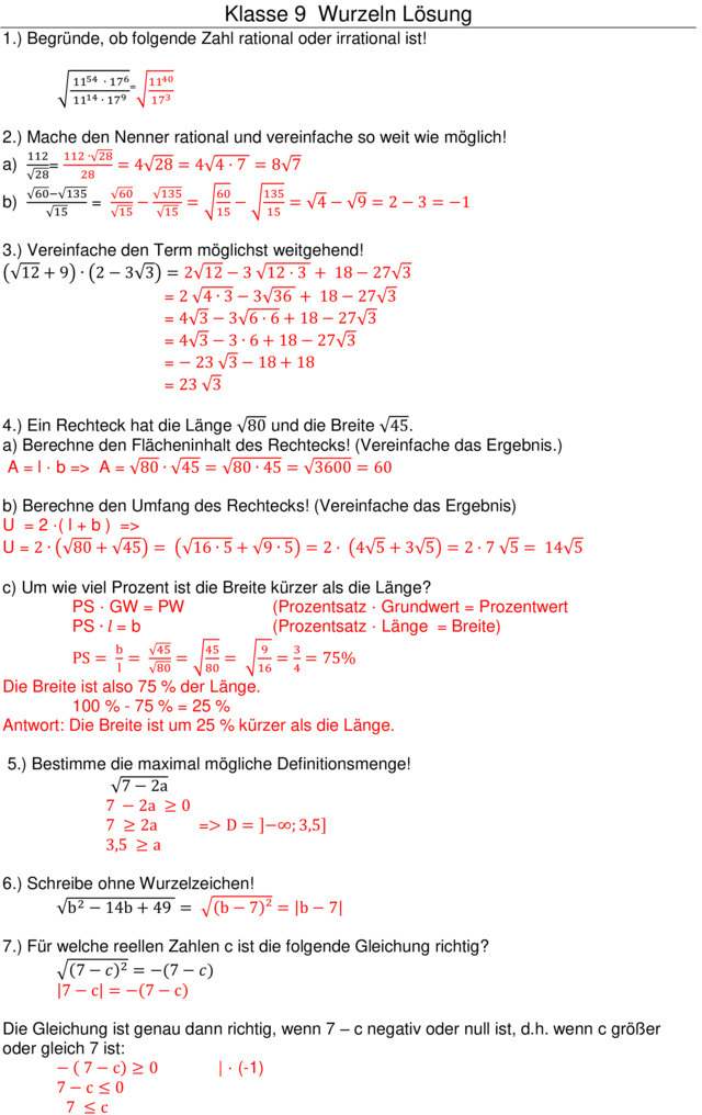 Klassenarbeit Zu Wurzelrechnung