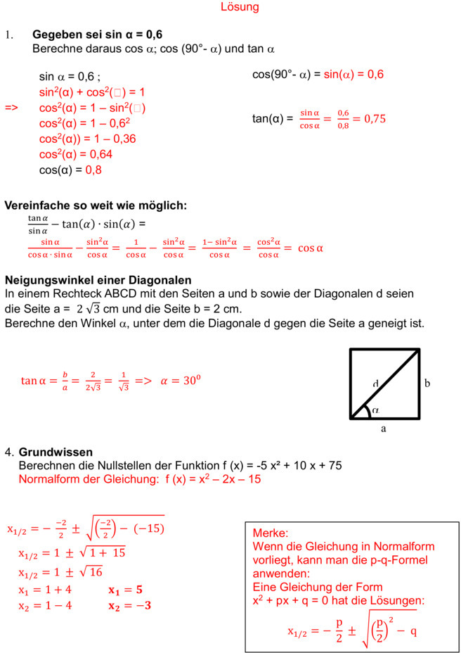 Klassenarbeit Zu Trigonometrie