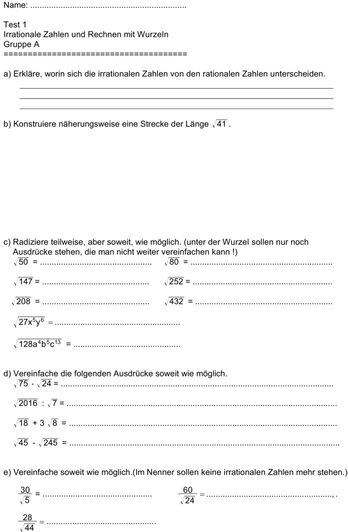 Klassenarbeit Zu Wurzeln - Reelle Zahlen