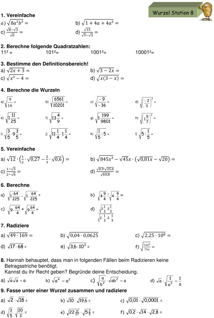 Übungsblatt Zu Wurzelrechnung