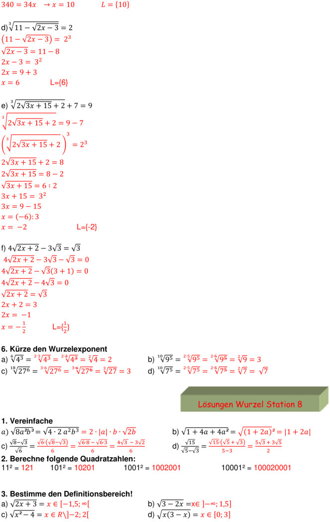 Übungsblatt Zu Wurzelrechnung