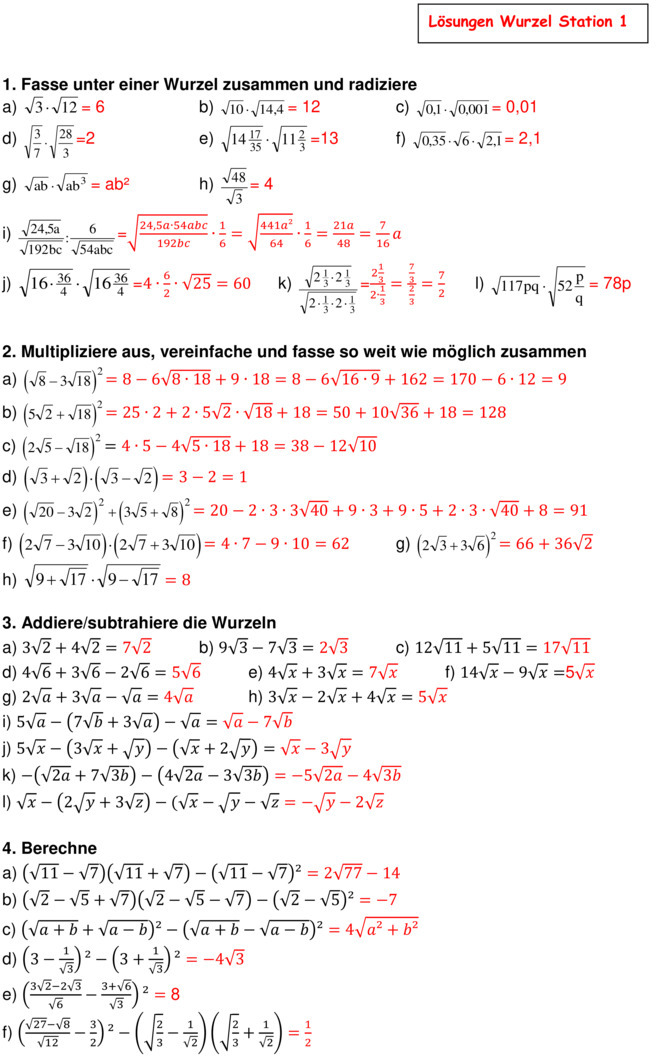 Übungsblatt Zu Wurzelrechnung