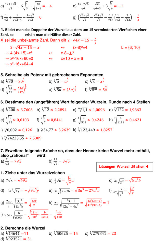 Übungsblatt Zu Wurzelrechnung