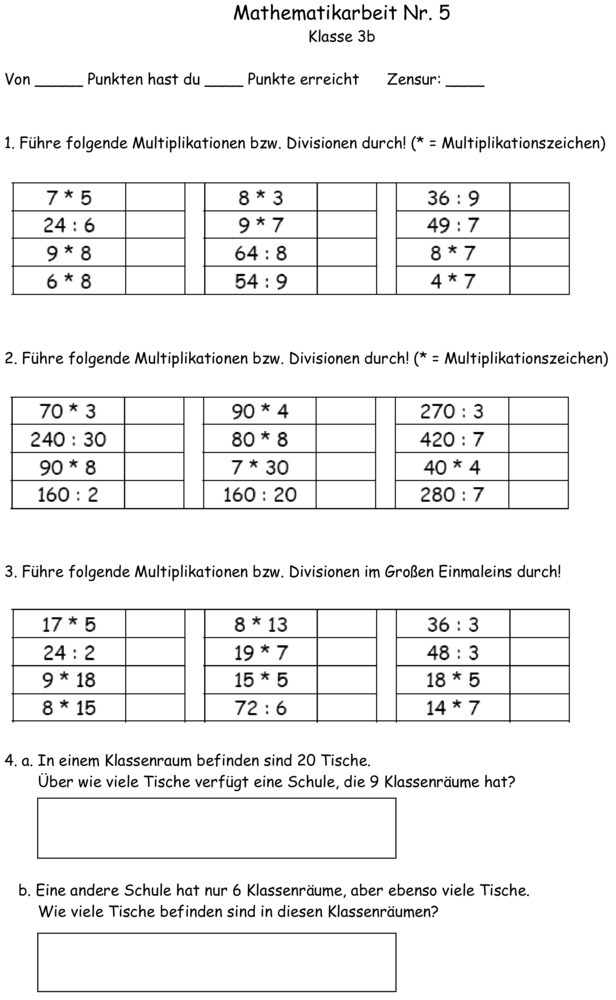 Klassenarbeit zu Multiplikation und Division mit großen Zahlen